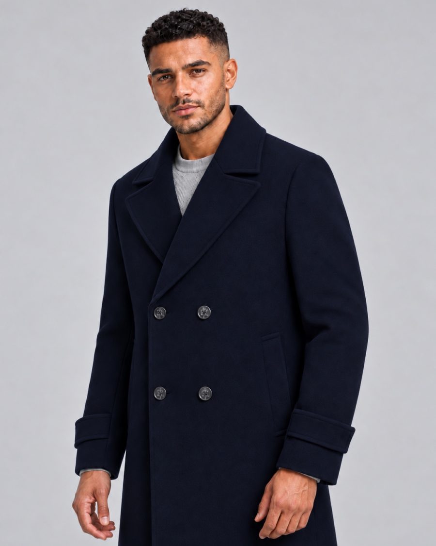 Cappotto uomo Helmur Baltimore colore Blu – indossato, tre quarti