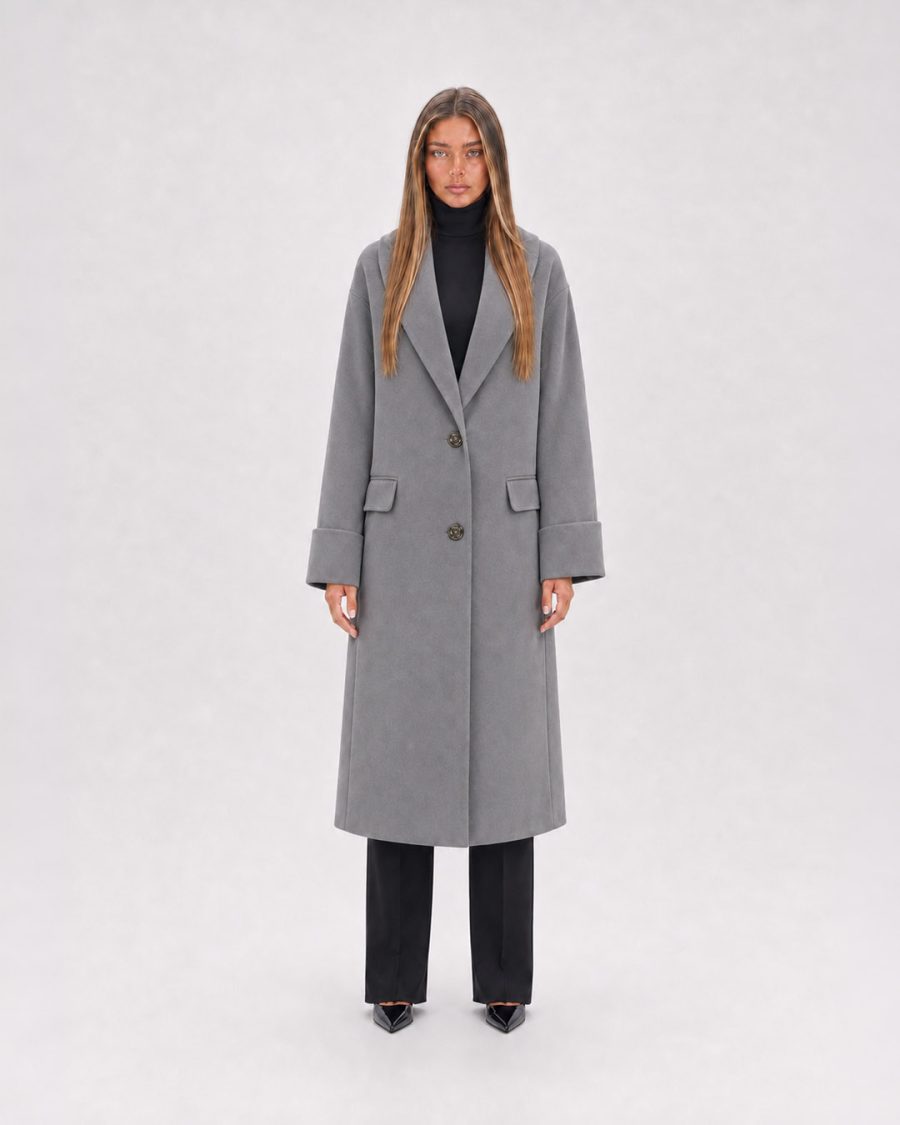 Cappotto donna Helmur Calgary colore Cenere – indossato, fronte