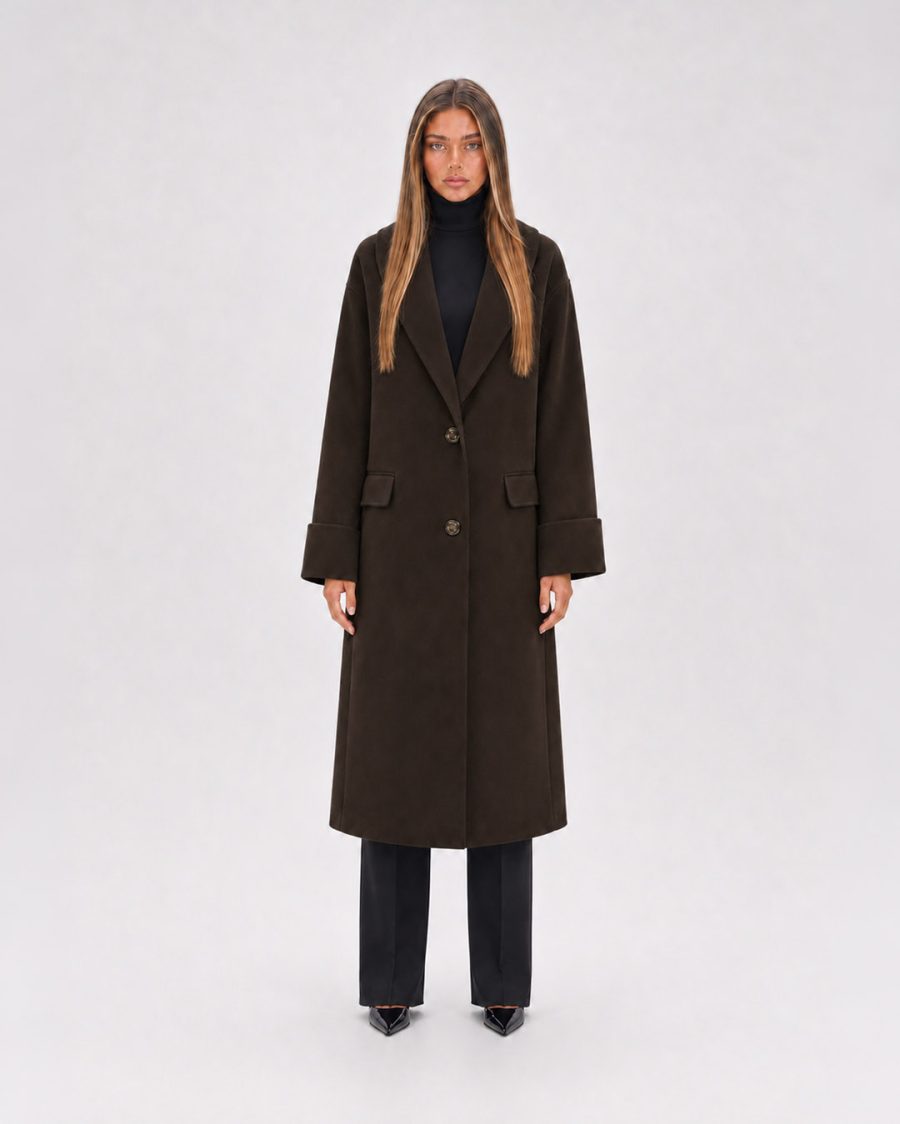 Cappotto donna Helmur Calgary colore Moro – indossato, fronte