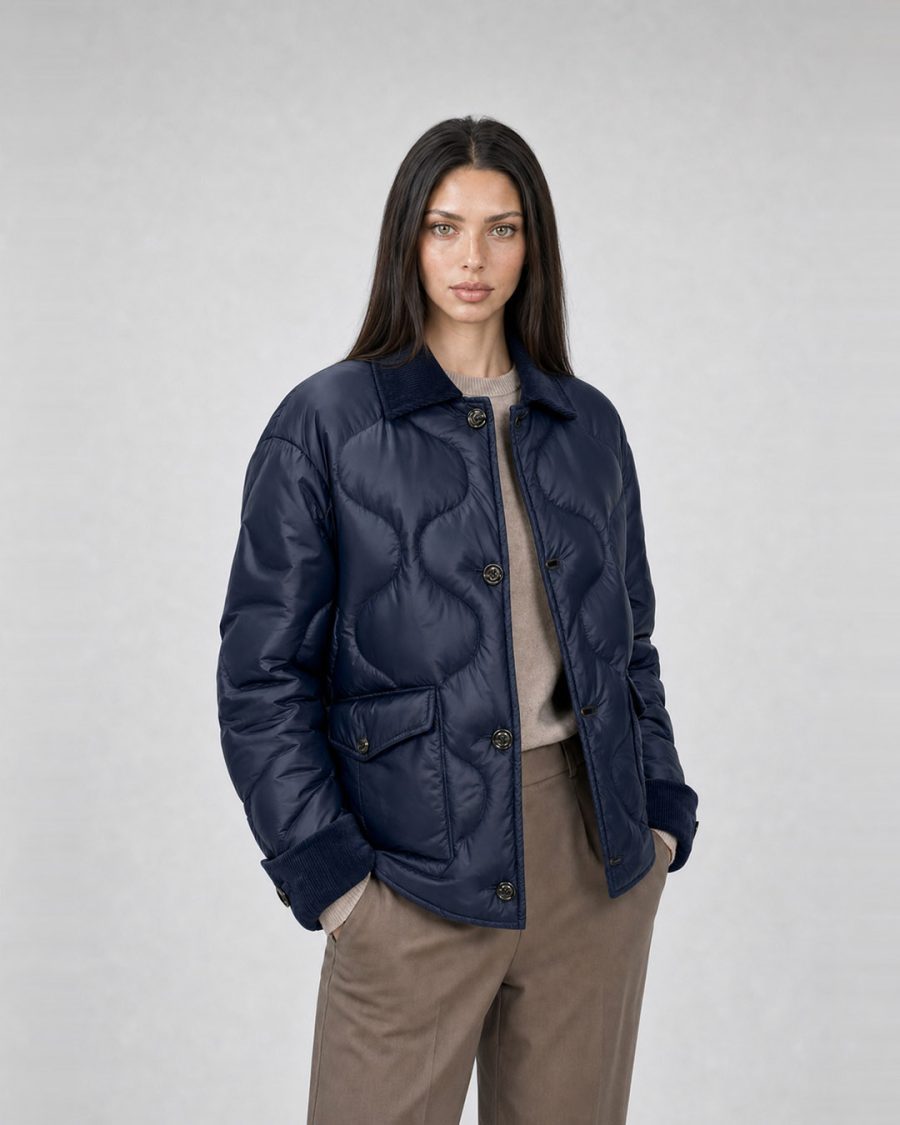 Giubbotto donna Helmur Dallas colore Blu – indossato, tre quarti
