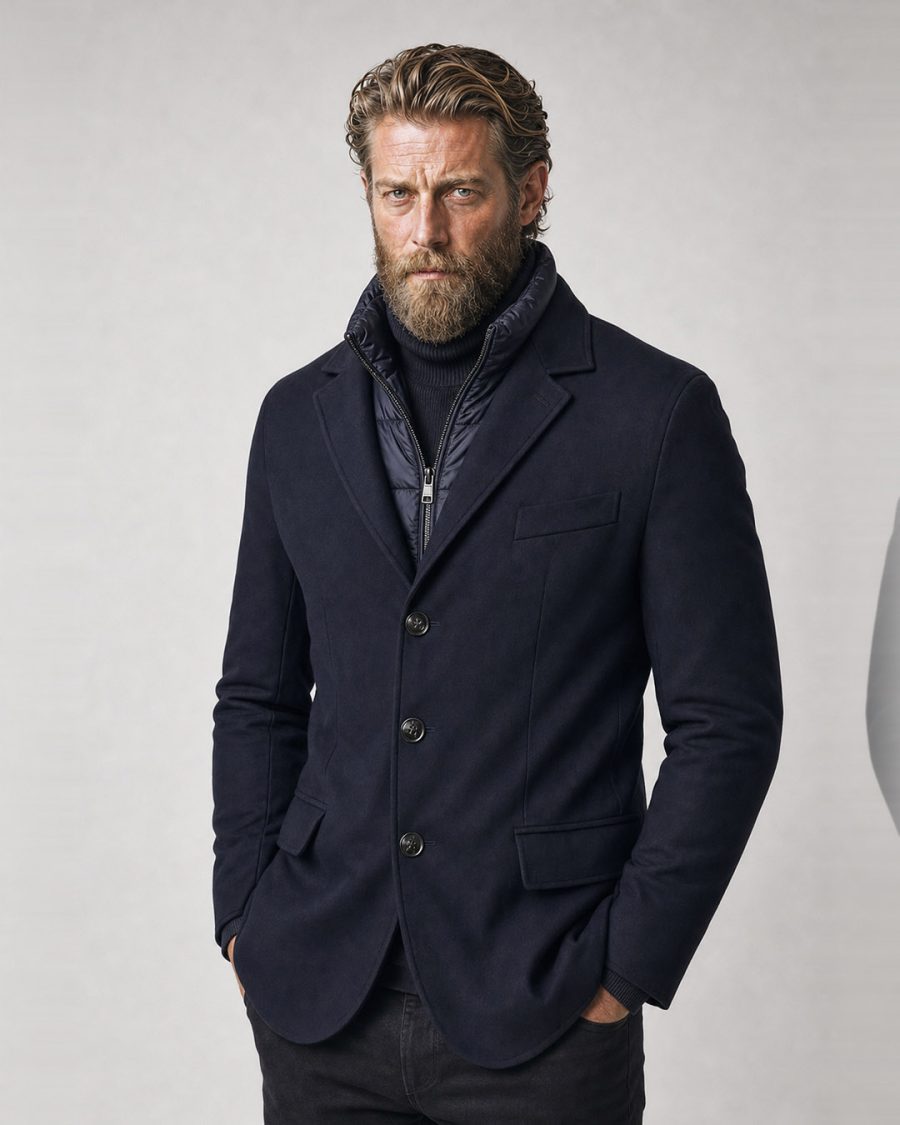 Giubbotto uomo Helmur Denver colore Blu – indossato, tre quarti