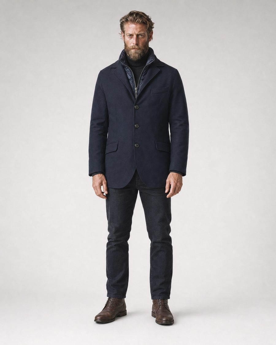 Giubbotto uomo Helmur Denver colore Blu – indossato, fronte