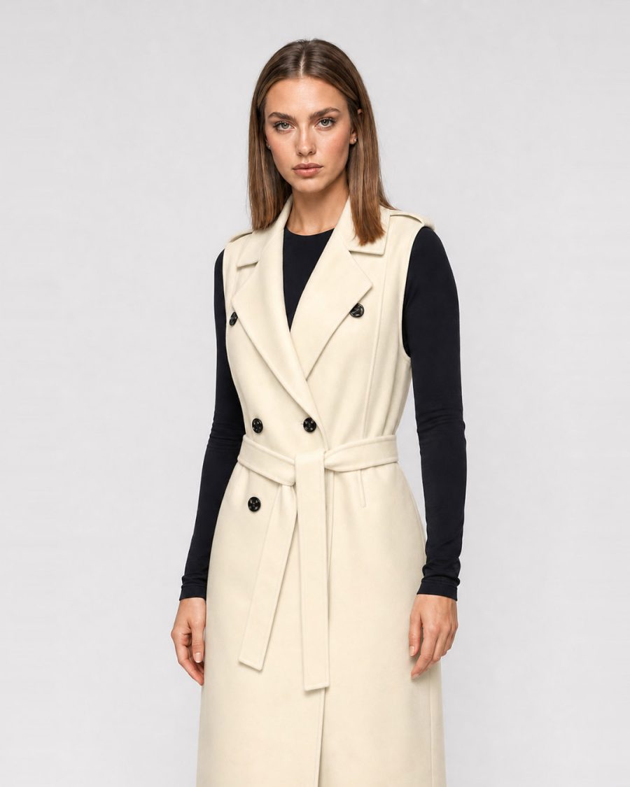 Cappotto donna Helmur Derby colore Panna – indossato, tre quarti
