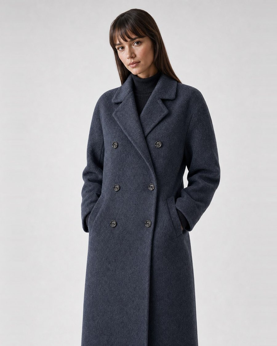 Cappotto donna Helmur Hamilton colore Avio – indossato, tre quarti