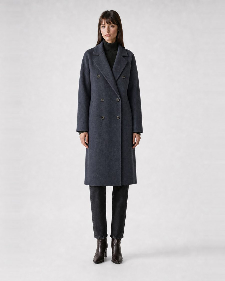 Cappotto donna Helmur Hamilton colore Avio – indossato, fronte