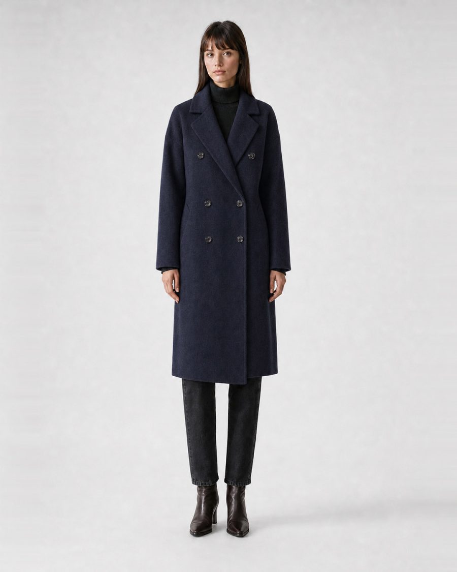 Cappotto donna Helmur Hamilton colore Blu – indossato, fronte