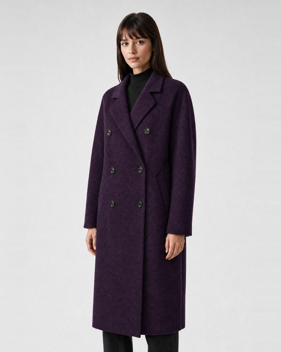 Cappotto donna Helmur Hamilton colore Melanzana – indossato, tre quarti