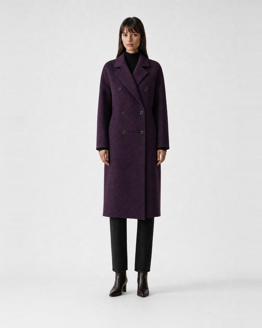 Cappotto donna Helmur Hamilton colore Melanzana – indossato, fronte