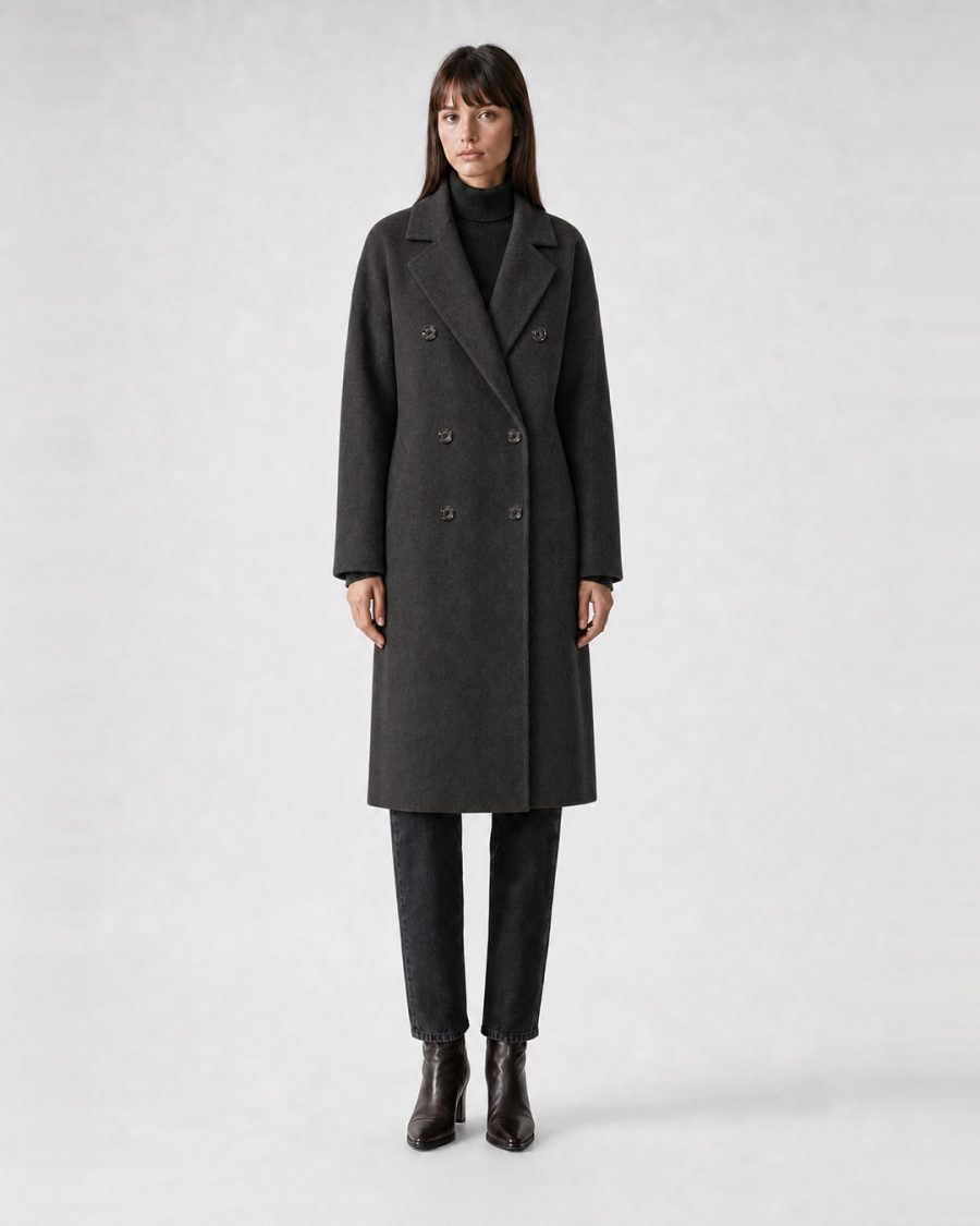 Cappotto donna Helmur Hamilton colore Moro – indossato, fronte