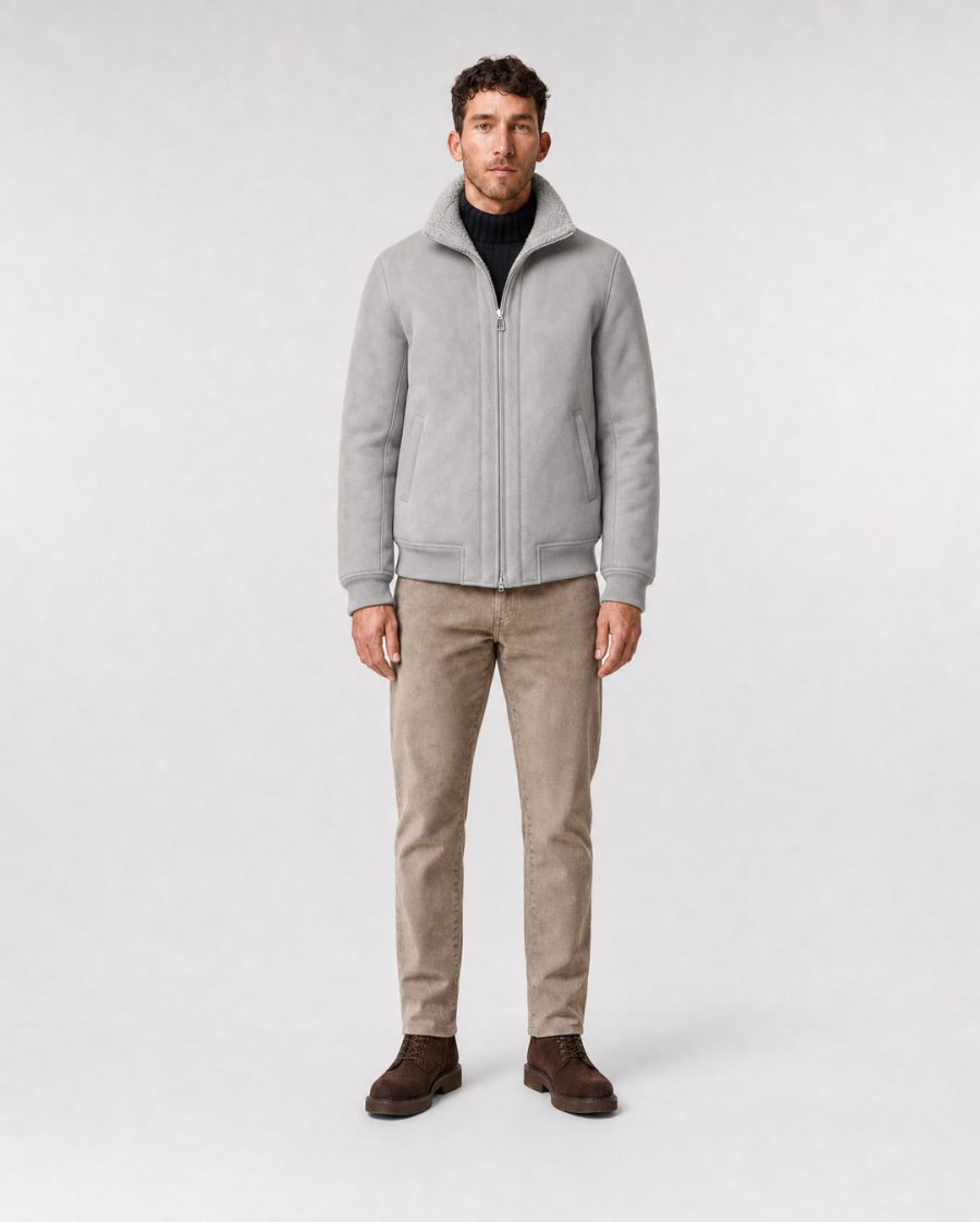 Helmur Houston men's fur coat in Stone – worn, front view