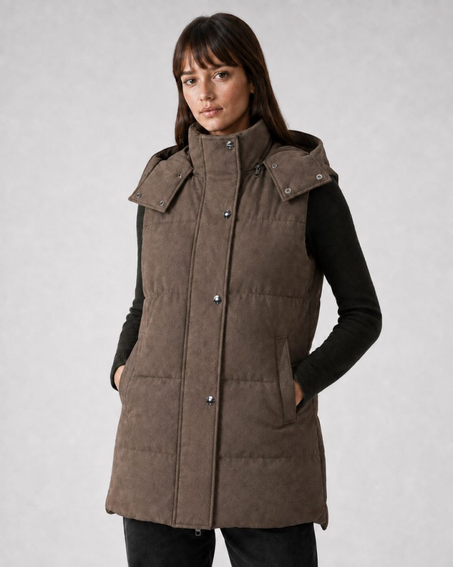 Giubbotto donna Helmur Melville colore Nocciola – indossato, tre quarti
