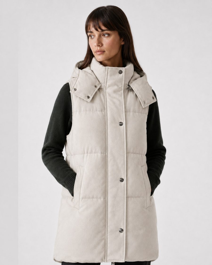 Giubbotto donna Helmur Melville colore Panna – indossato, tre quarti