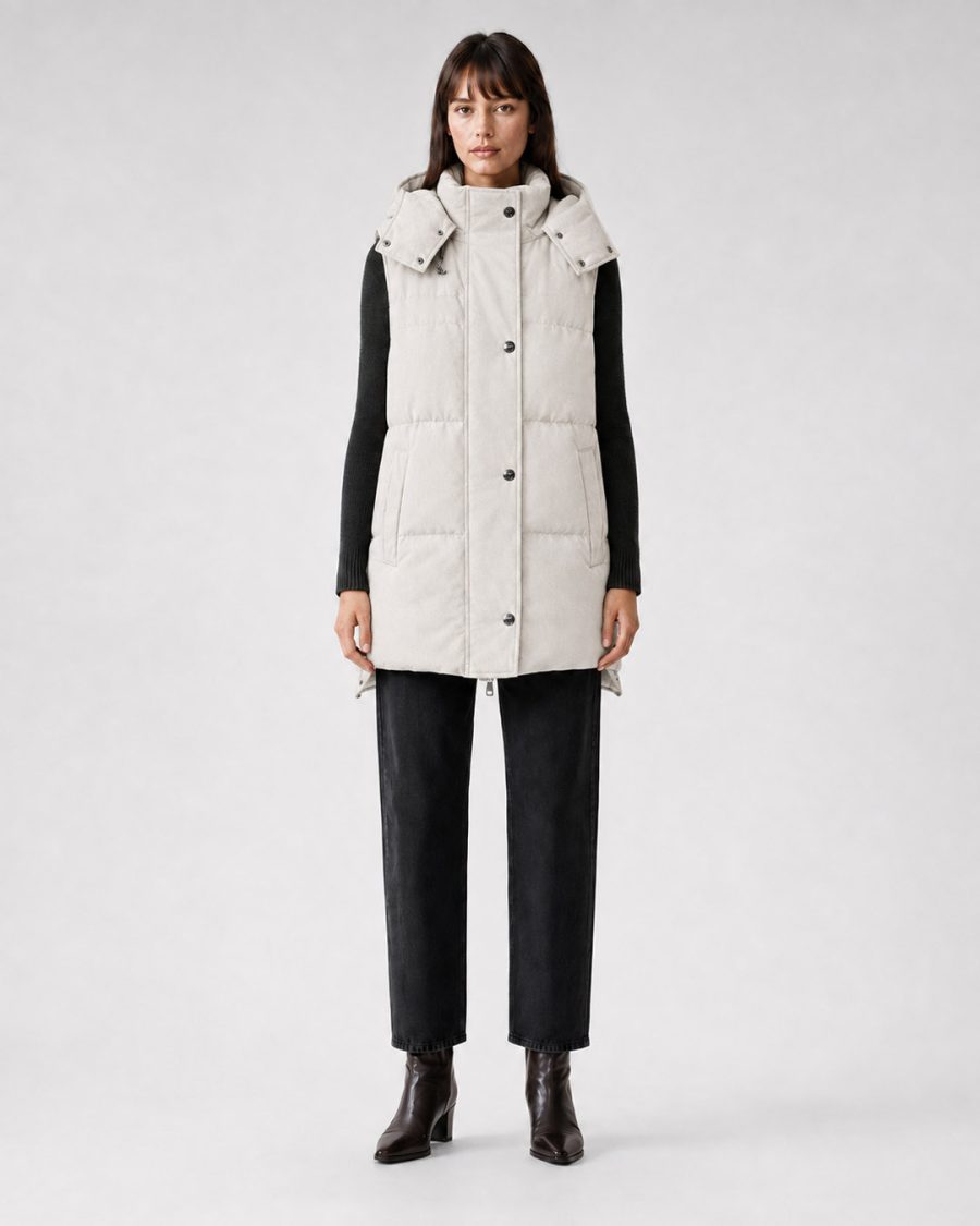 Giubbotto donna Helmur Melville colore Panna – indossato, fronte