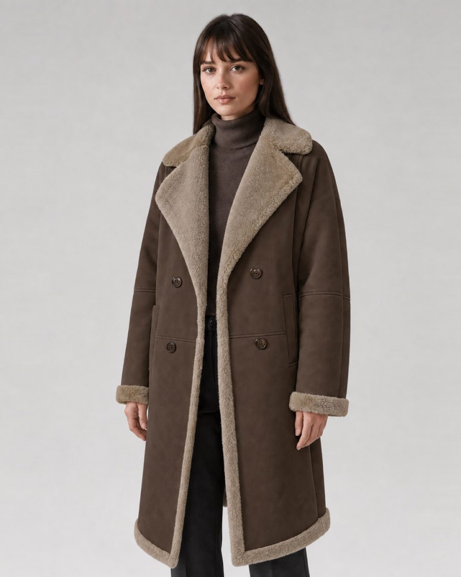 Pelliccia donna Helmur Montana colore Cacao – indossato, tre quarti