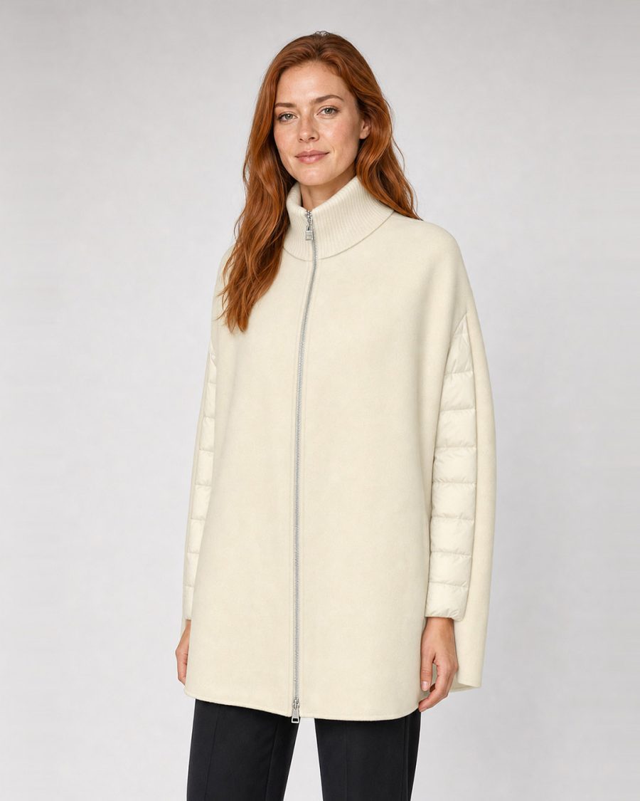 Cappotto donna Helmur Nottingham colore Panna – indossato, tre quarti
