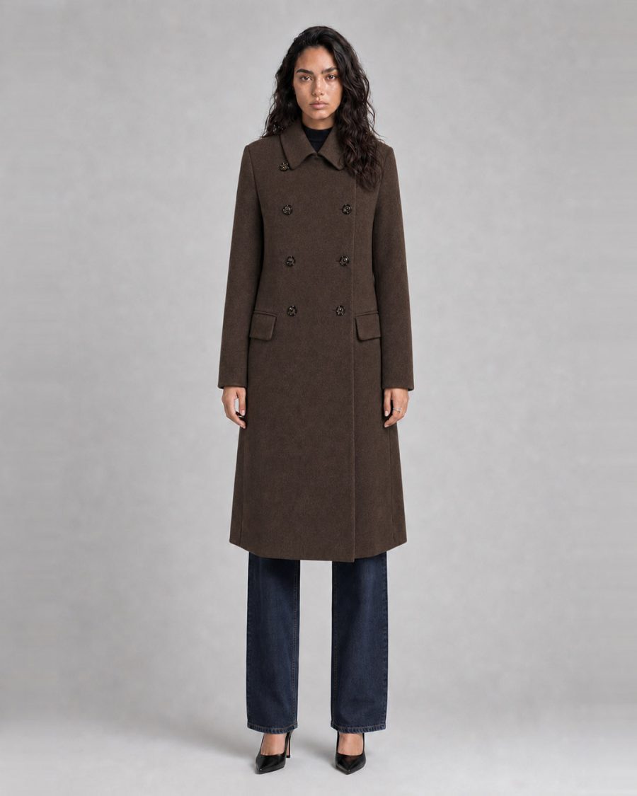 Cappotto donna Helmur Regina colore Cacao – indossato, fronte