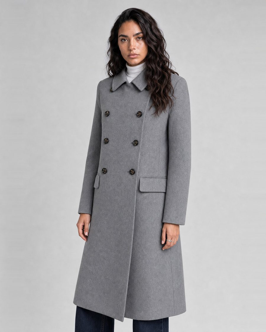 Cappotto donna Helmur Regina colore Cenere – indossato, tre quarti