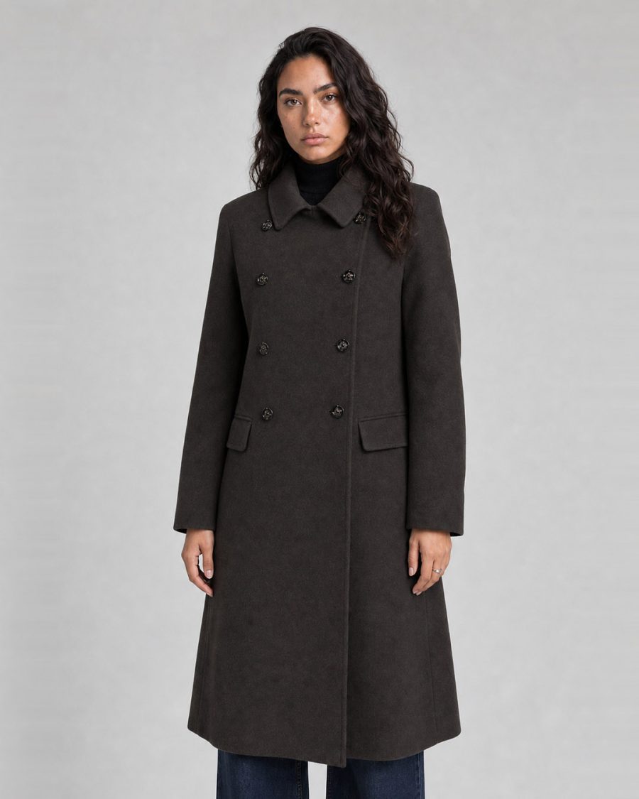 Cappotto donna Helmur Regina colore Moro – indossato, tre quarti