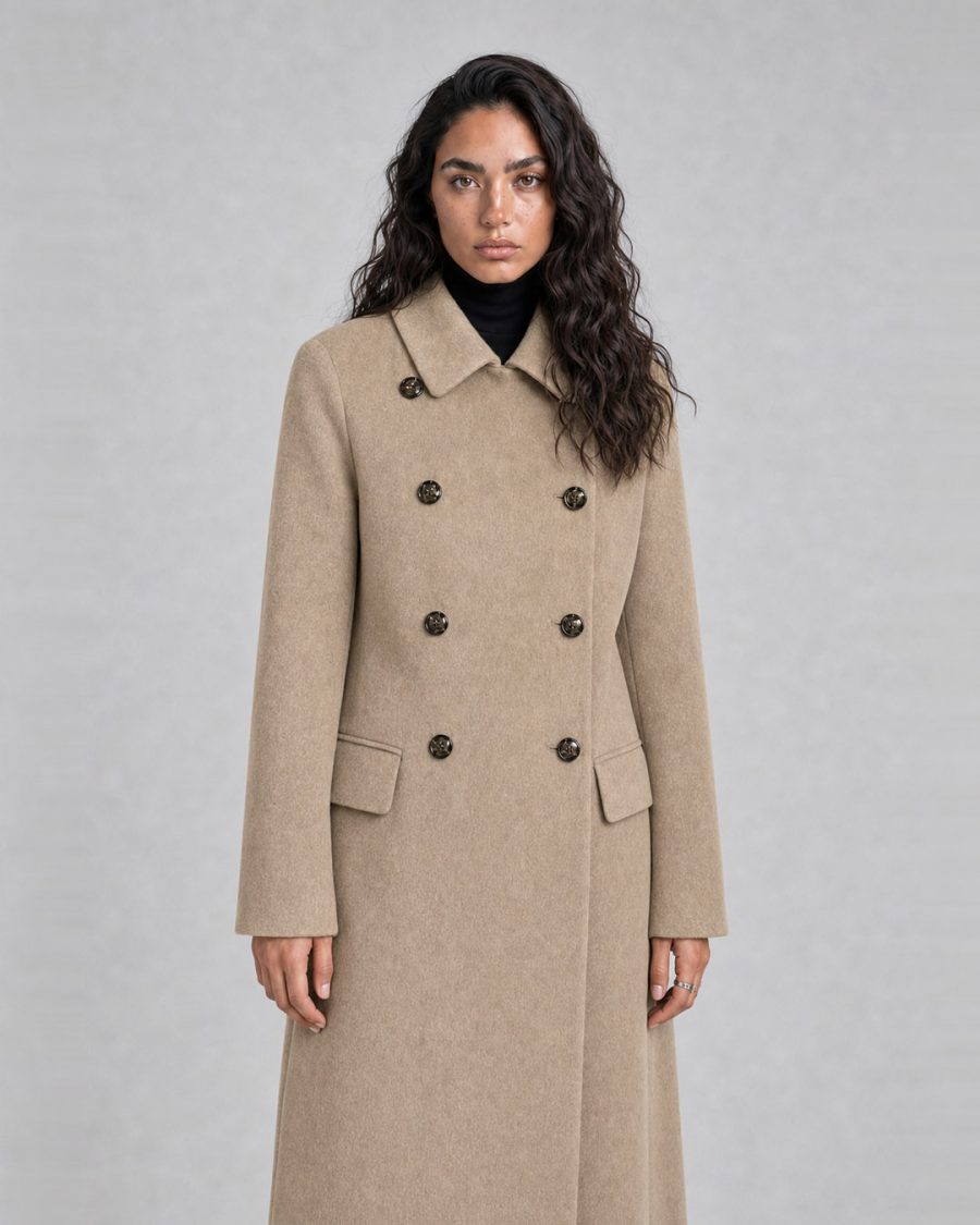Cappotto donna Helmur Regina colore Sabbia – indossato, tre quarti