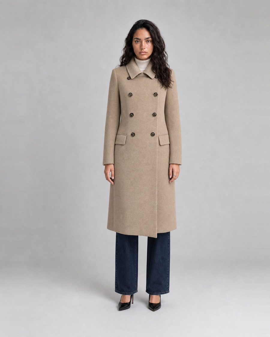 Cappotto donna Helmur Regina colore Sabbia – indossato, fronte