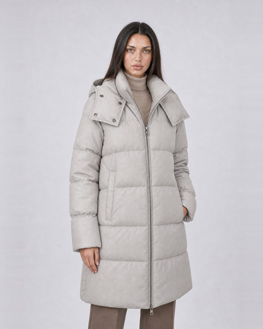 Giubbotto donna Helmur Sidney colore Perla – indossato, tre quarti
