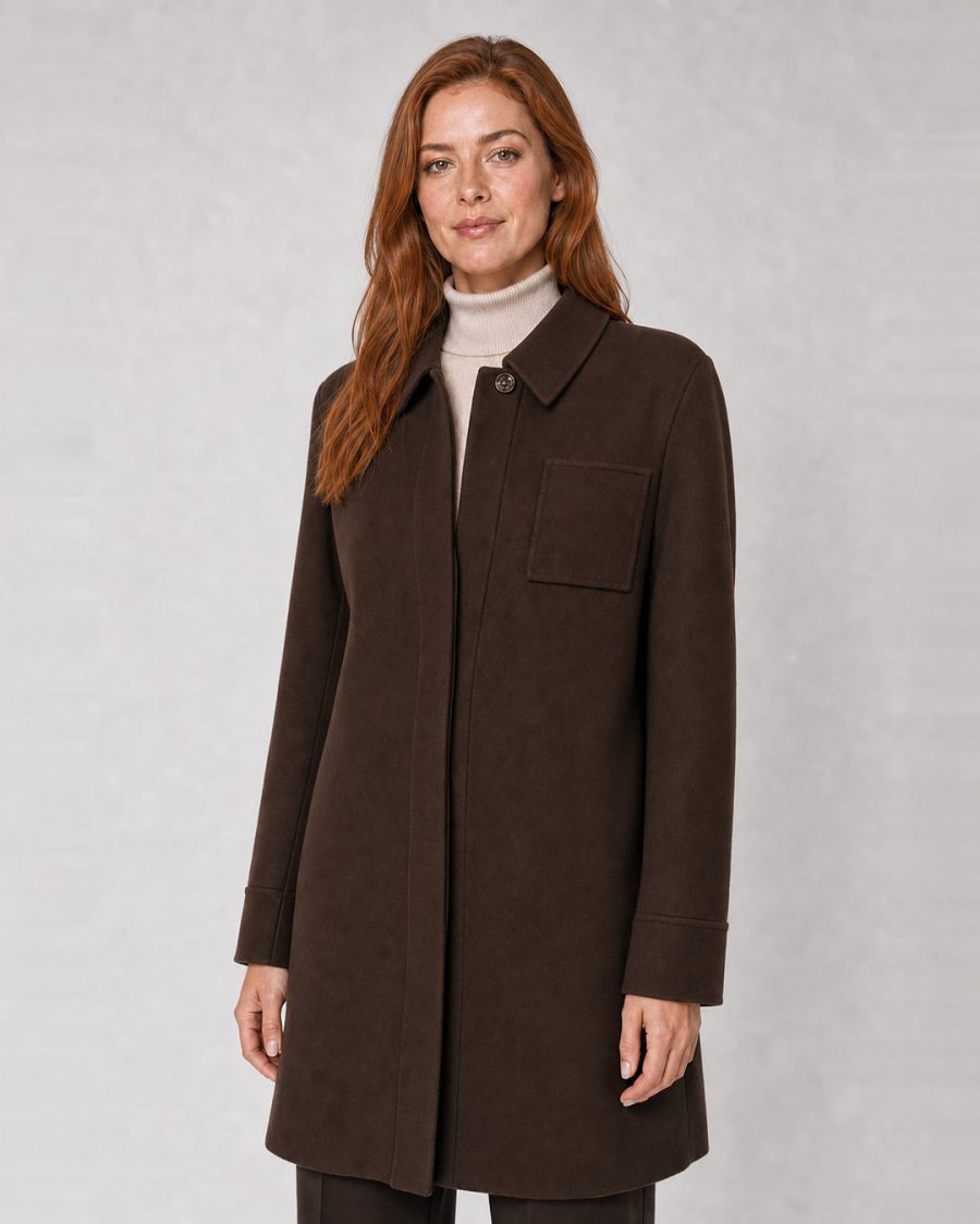 Cappotto donna Helmur Toronto colore Cacao – indossato, tre quarti