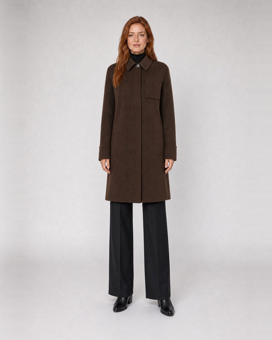 Cappotto donna Helmur Toronto colore Cacao – indossato, fronte