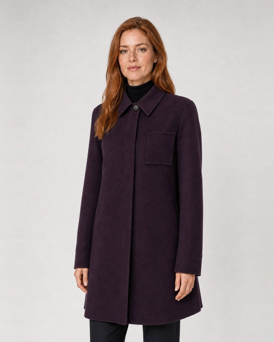Cappotto donna Helmur Toronto colore Melanzana – indossato, tre quarti