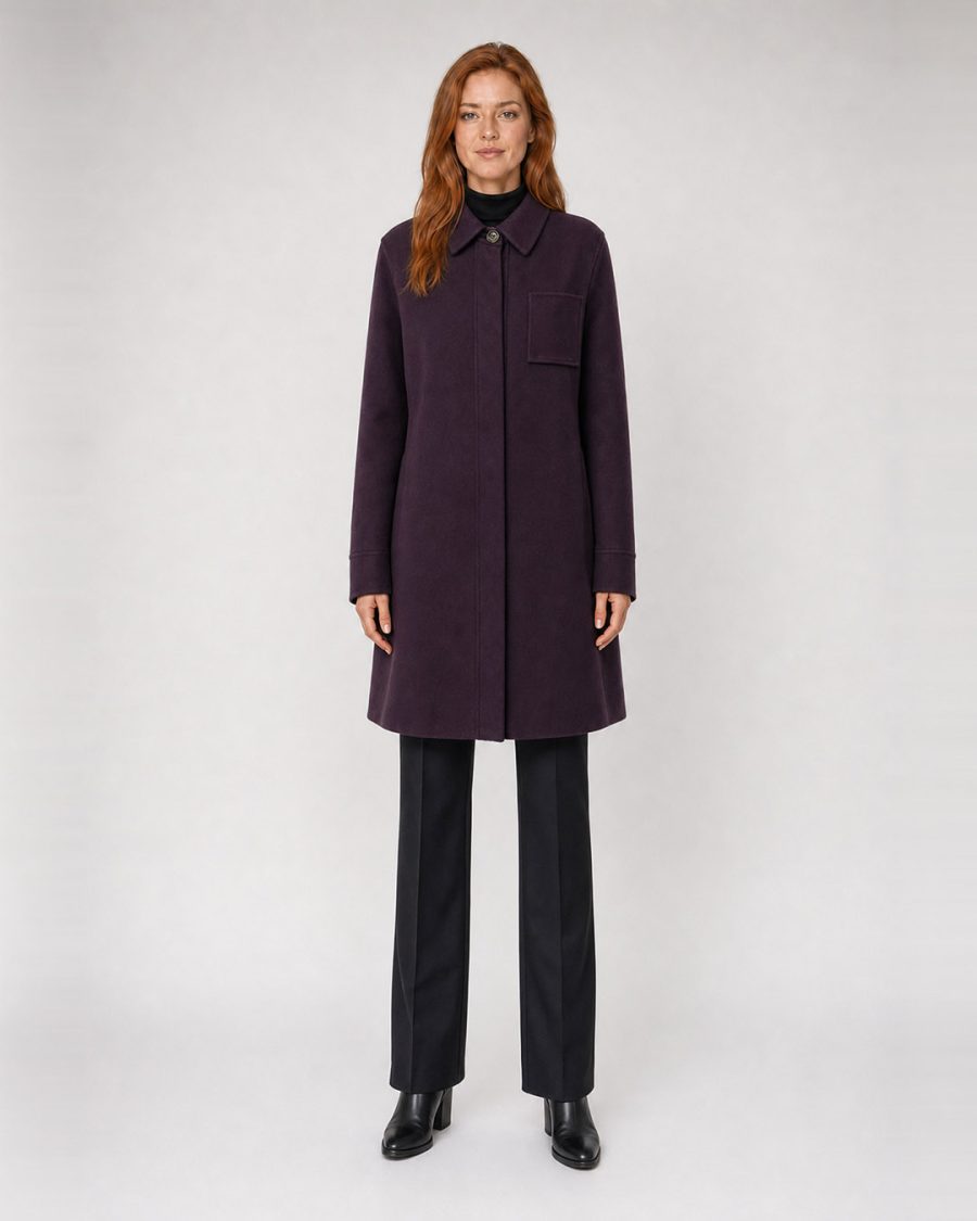 Cappotto donna Helmur Toronto colore Melanzana – indossato, fronte