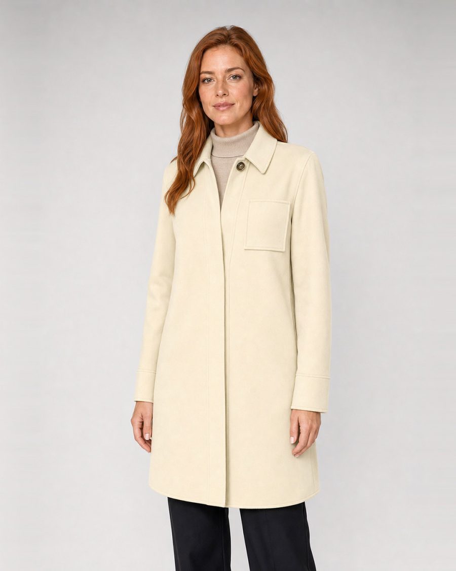 Cappotto donna Helmur Toronto colore Panna – indossato, tre quarti