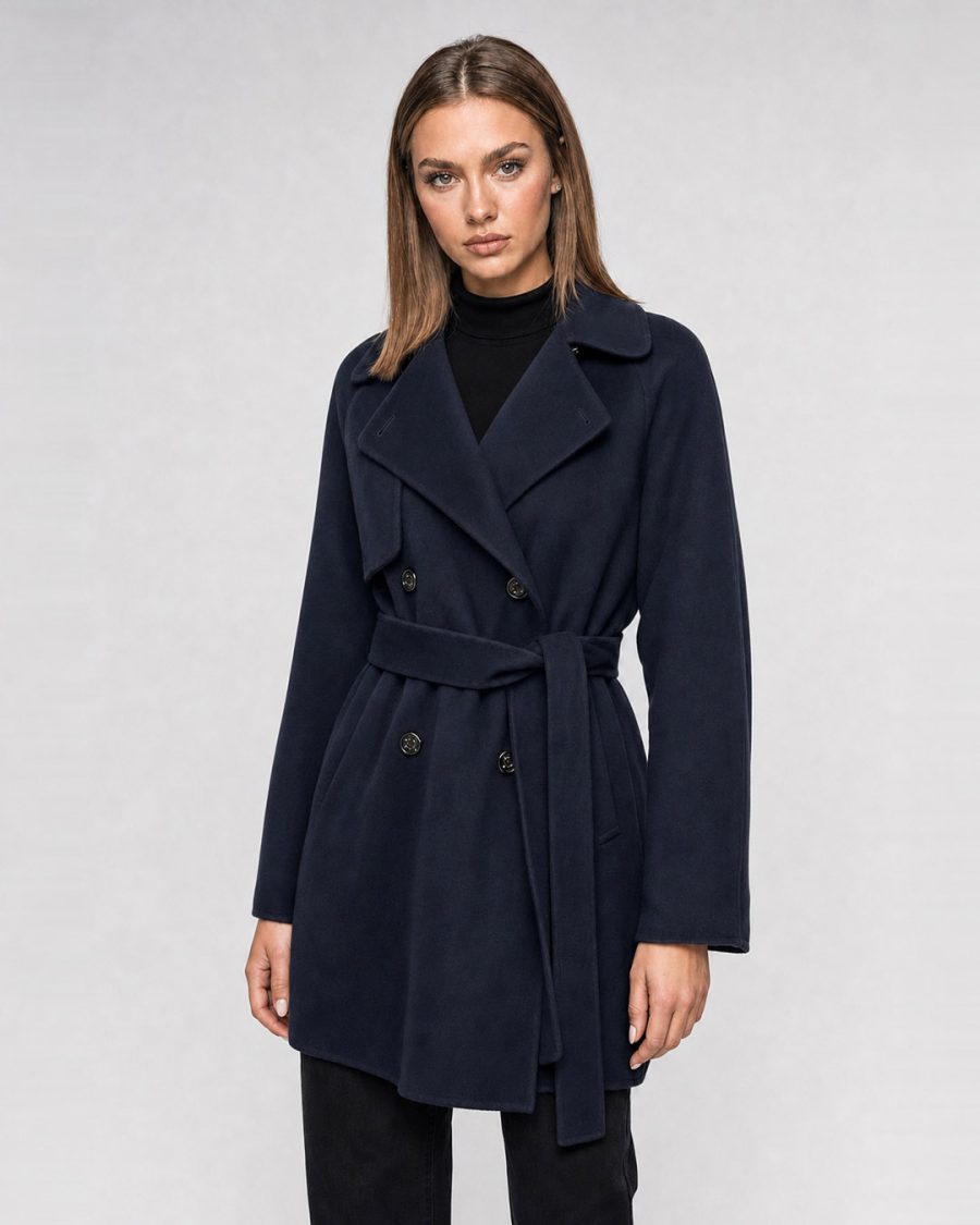 Cappotto donna Helmur Windsor colore Avio – indossato, tre quarti