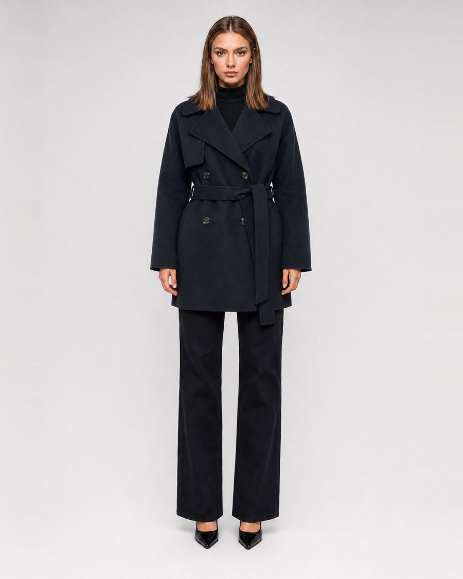 Cappotto donna Helmur Windsor colore Avio – indossato, fronte