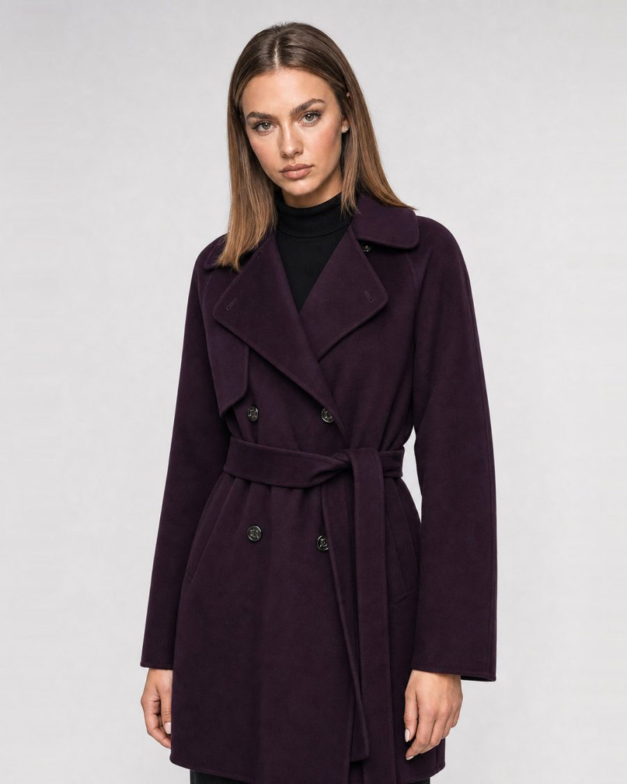 Cappotto donna Helmur Windsor colore Melanzana – indossato, tre quarti