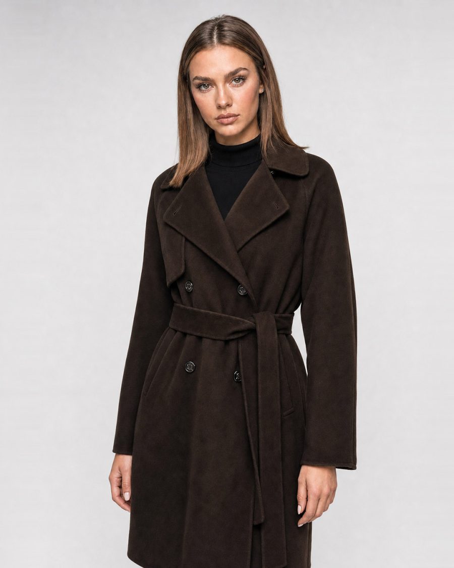 Cappotto donna Helmur Windsor colore Moro – indossato, tre quarti