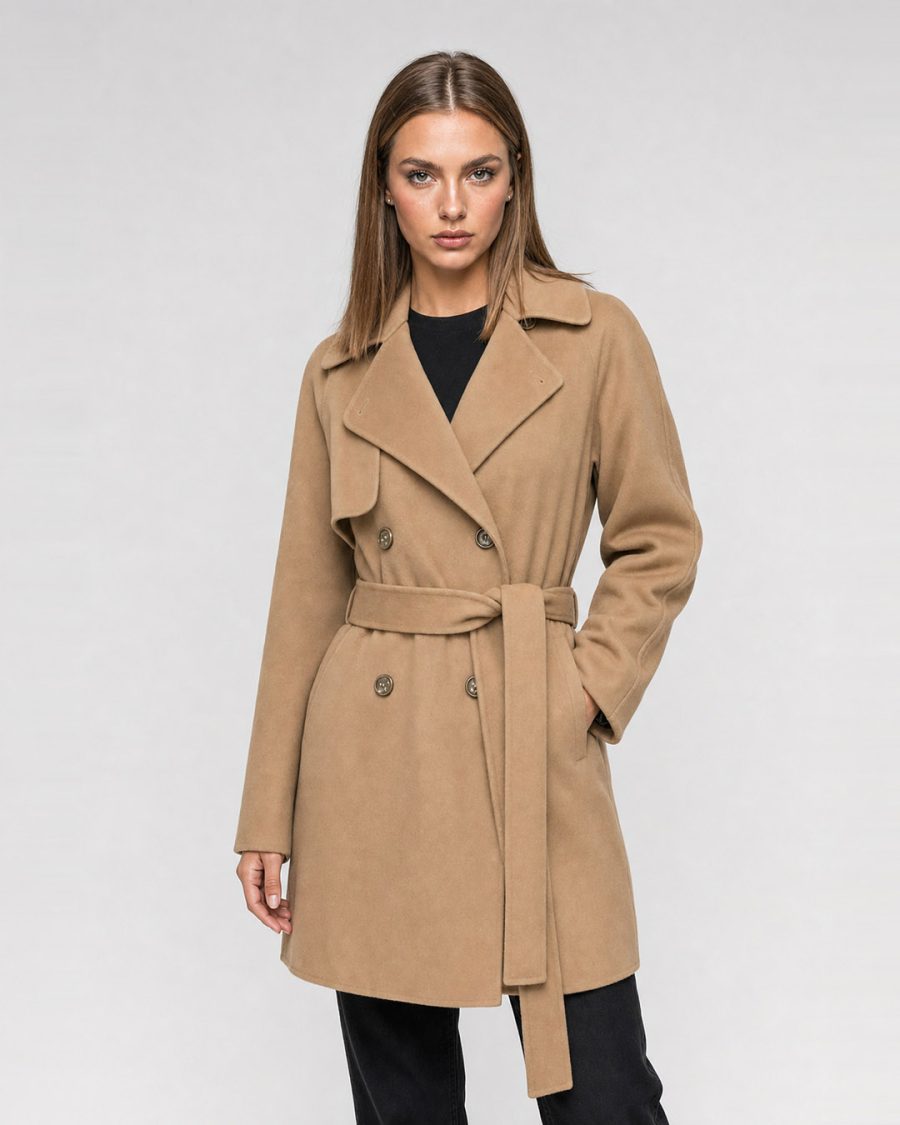 Cappotto donna Helmur Windsor colore Sabbia – indossato, tre quarti